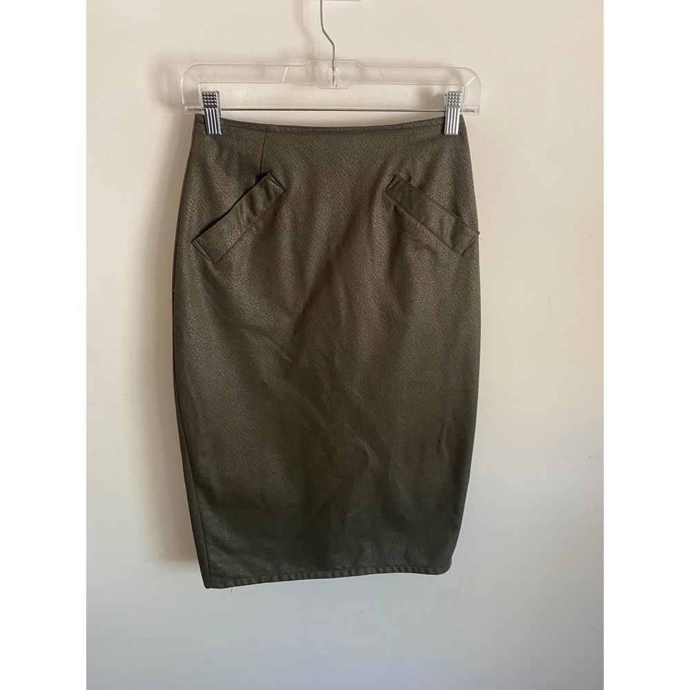 La Belle Fashions Vintage Olive Green Textured Pencil Skirt Pink Buttons‎ 5/6
